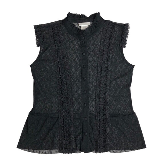 Y2K Worthington Top Womens M Black Sheer Lace Button Ruffle Neck Whimsigoth Goth - Picture 1 of 9